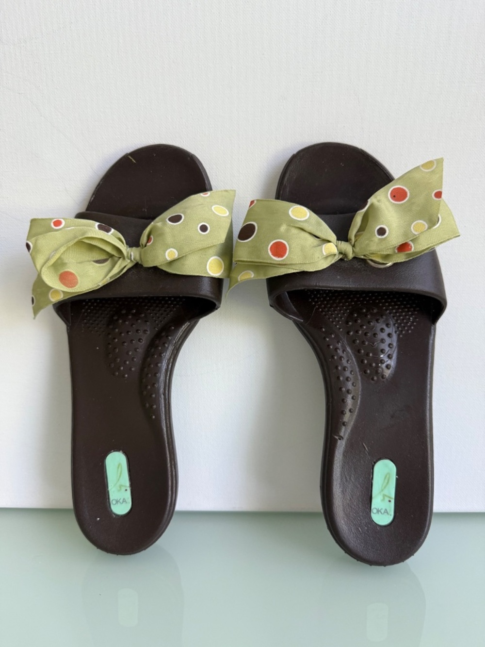 Okabashi Brown Slide Sandals Green Bow Polka Dot Open Toe Slip On Size M